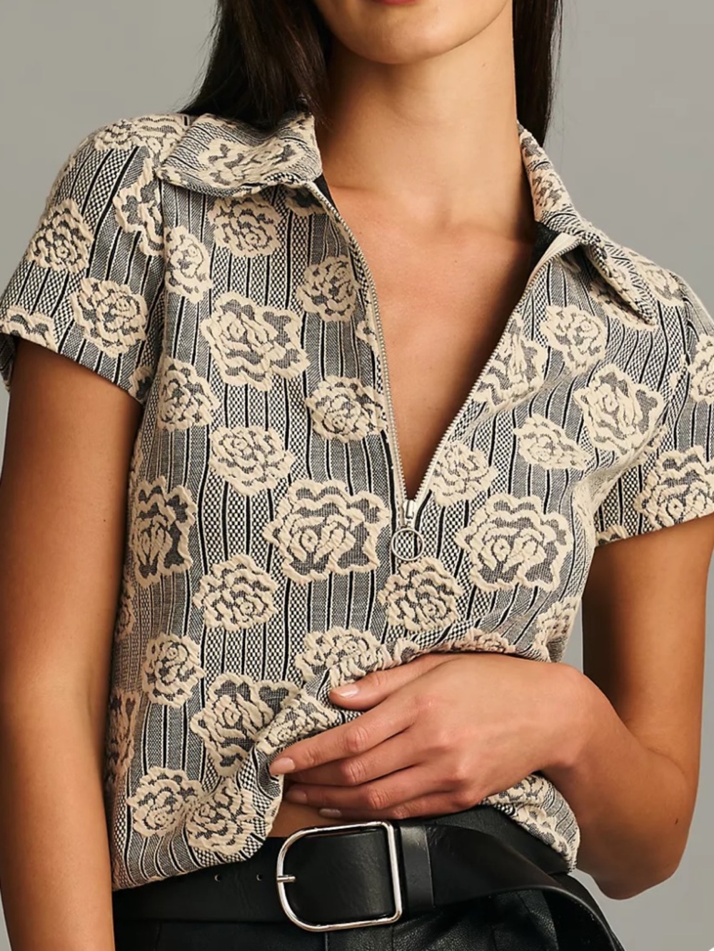 Anthropologie Maeve Floral Jacquard Zip Neck Polo Top Black Cream Size XS